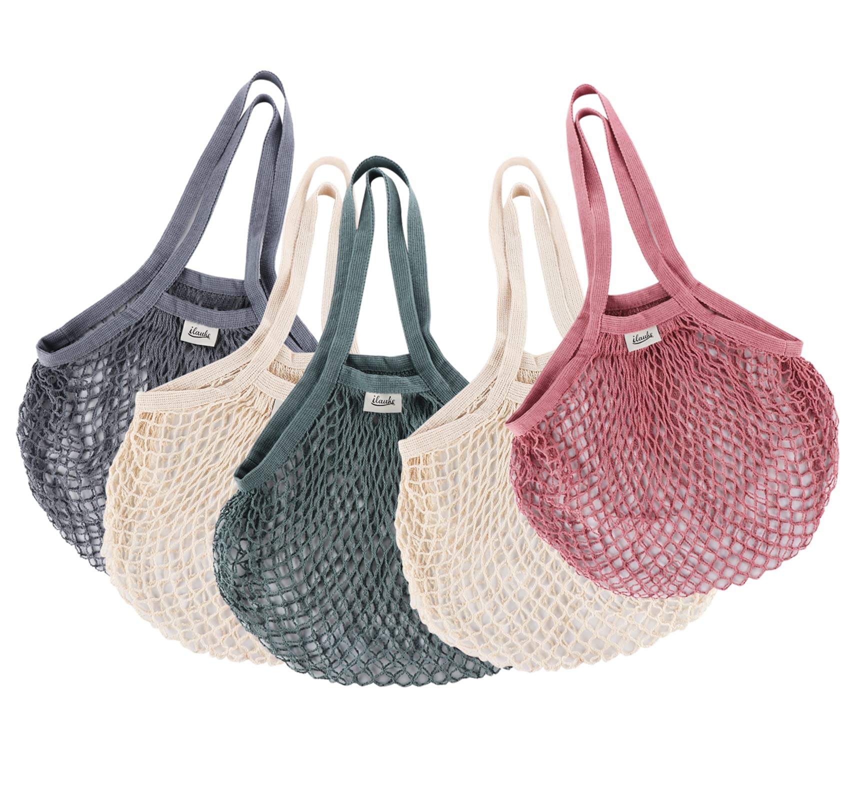 ilauke 5 Pcs String Bags Shopping, Portable and Washable Cotton Reusable Grocery Mesh Bags with Long Handle, Cotton Mesh Produce Bag Set for Fruit and Vegetables(4 Color)