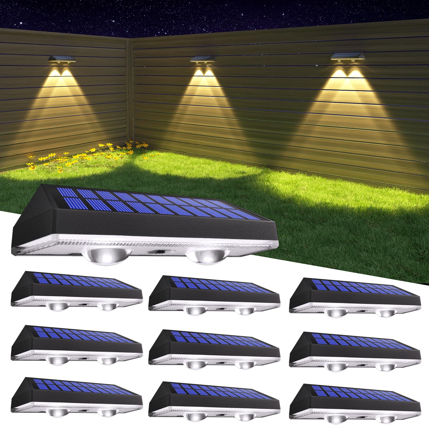 HAMLITE Solar Fence Lights Outdoor Garden: Solar Wall Lights Outdoor Waterproof - Solar Powered Garden Fence Lights 3 Color Modes for Deck Patio Decking Gate Yard Decoration 10-Pack