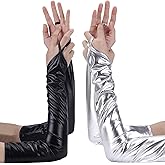 Yabber Long Metallic Sparkly Gloves [2-Pack] | Black (1) - Silver Sparkle (1) | Finger Loop - Fingerless | Cosplay - Dance - Figure Skating - Halloween Costume