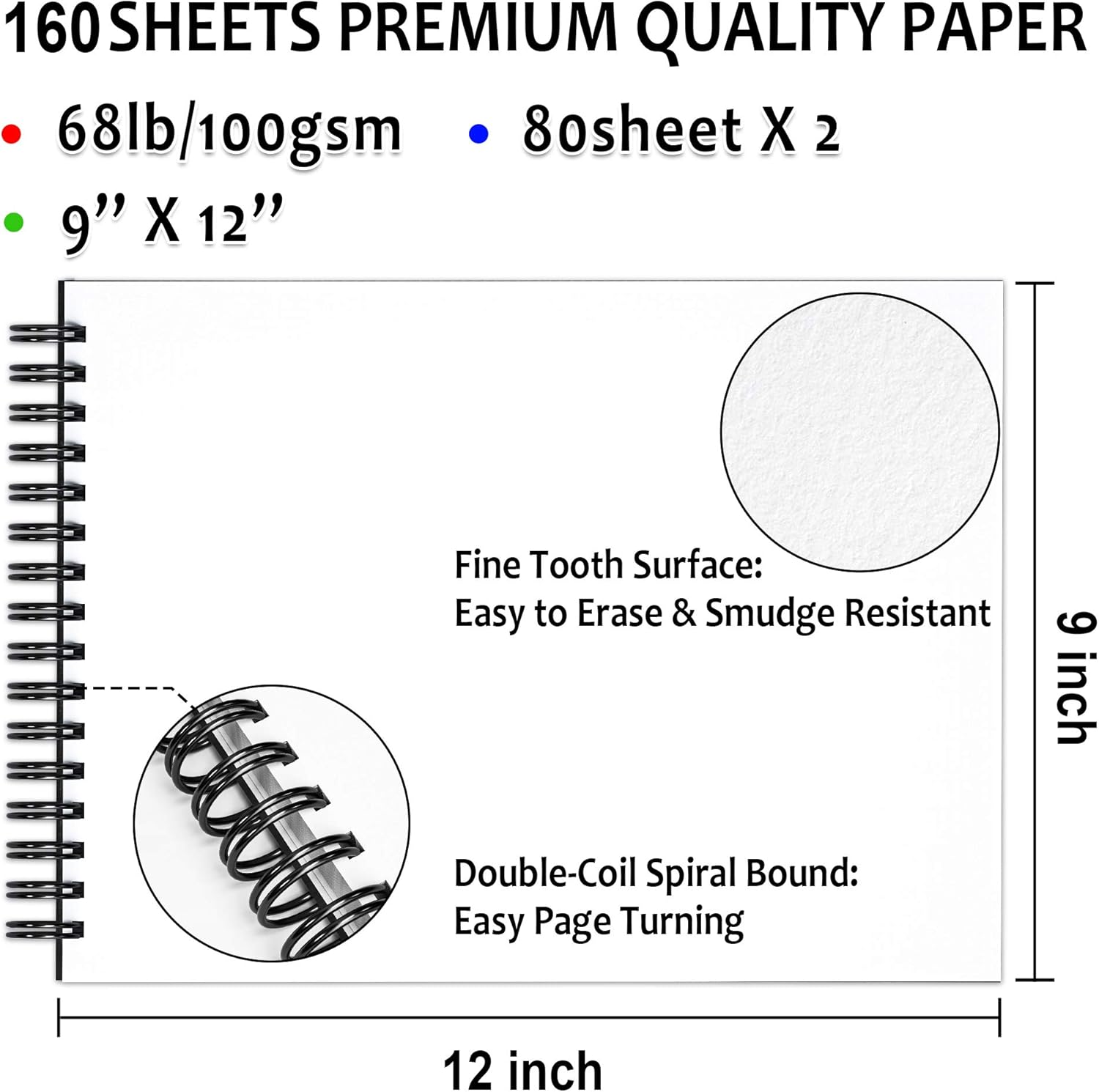 Artists Sketch Books, 9 x 12 Shuttle Art 160 Sheets of Sketch Paper pad Ideal for Drawing and School Supplies (2 Pack): Arts, Crafts & Sewing