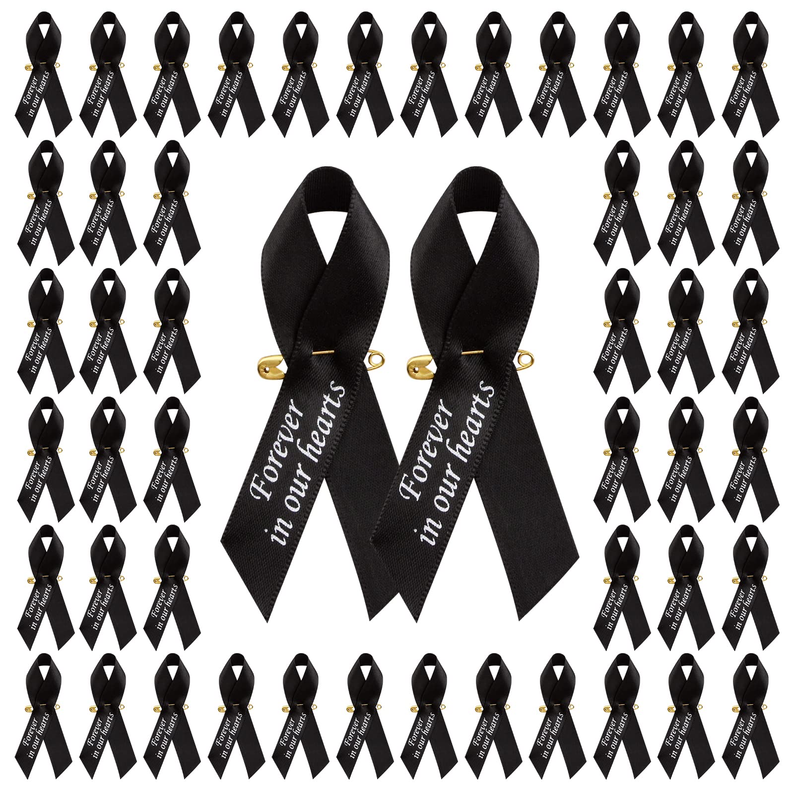 CRAFFANCY WANDIC 100pcs Black Ribbon Pins Skin Cancer Awareness Badges Melanoma Brooch Memorial Ribbon Badges in Forever in Our Hearts for Funeral Mourning Event Bereavement Remembrance