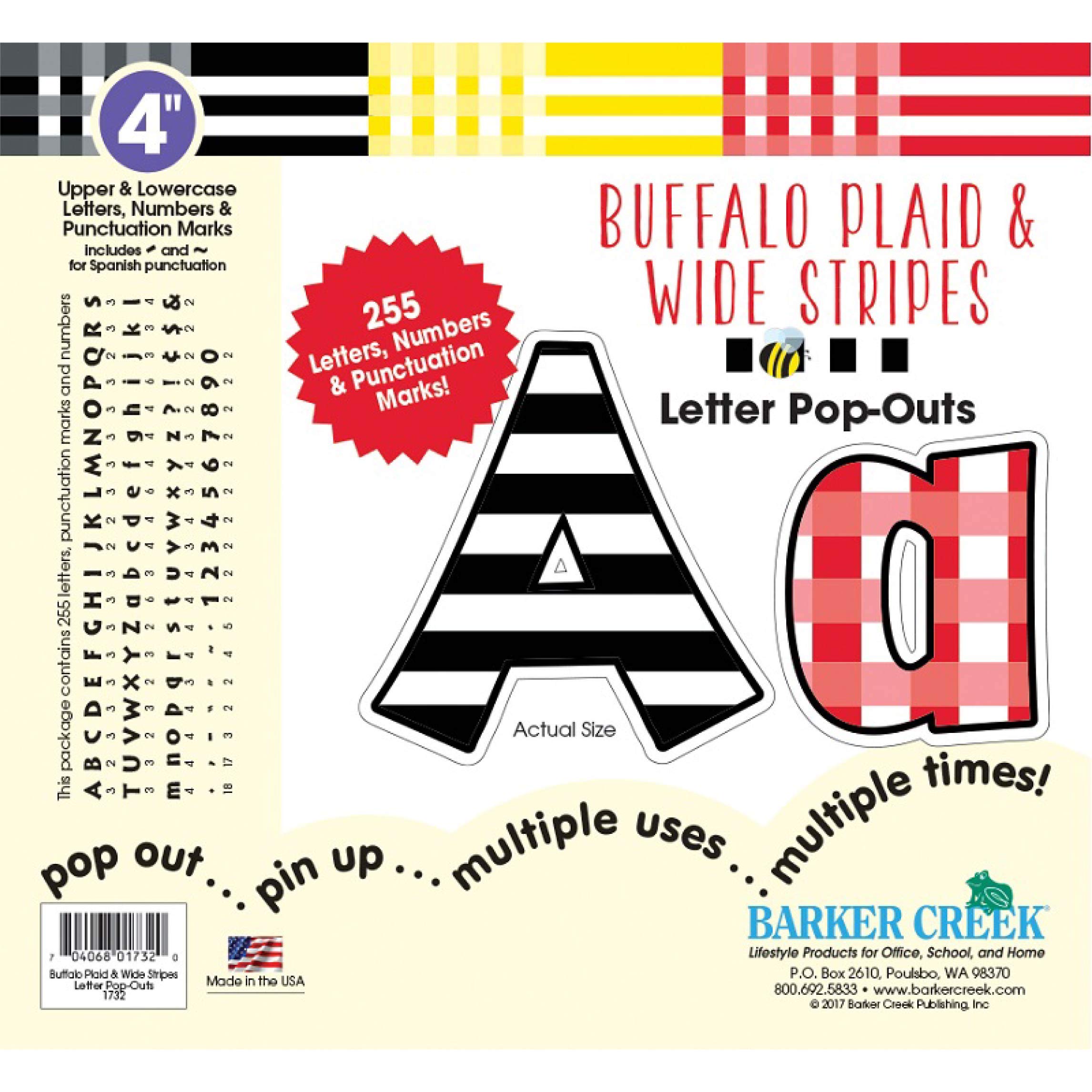Barker Creek Letter Pop-Outs, 4" Buffalo Plaid & Stripes, Multicolor Designer Letters for Bulletin Boards, Breakrooms, Reception Areas, Signs, Displays, and More! 4", 255 Characters per Set (1732)