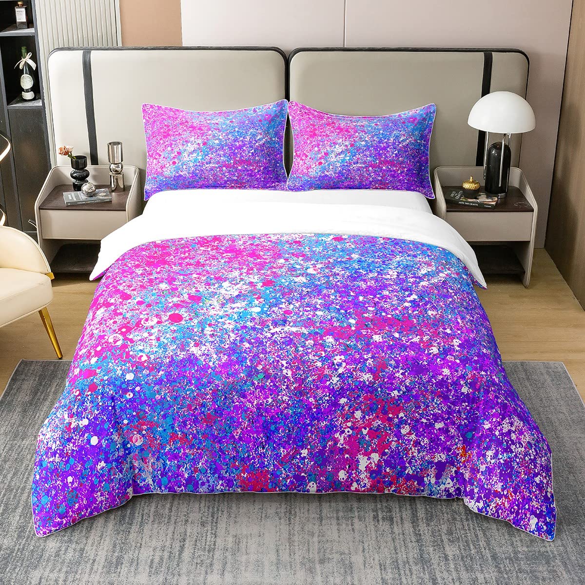 Abstract Purple Pink Cotton Duvet Cover Set Double Size Soft Galaxy Tie Dye Bedding Set Girls Abstract Art Painting Decor Comforter Cover Set for Kids Women Men Modern Bed Set