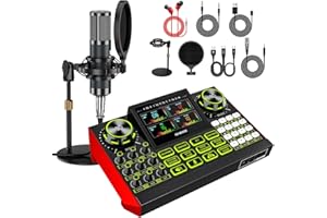 TENLAMP Podcast Microphone Bundle with Live Sound Card Audio Mixer, Podcast Equipment Bundle Sound Board with 3.5mm Condenser Microphone(P15) for Pc/Phone Live Streaming Singing Gaming,Voice Changer, Denoise