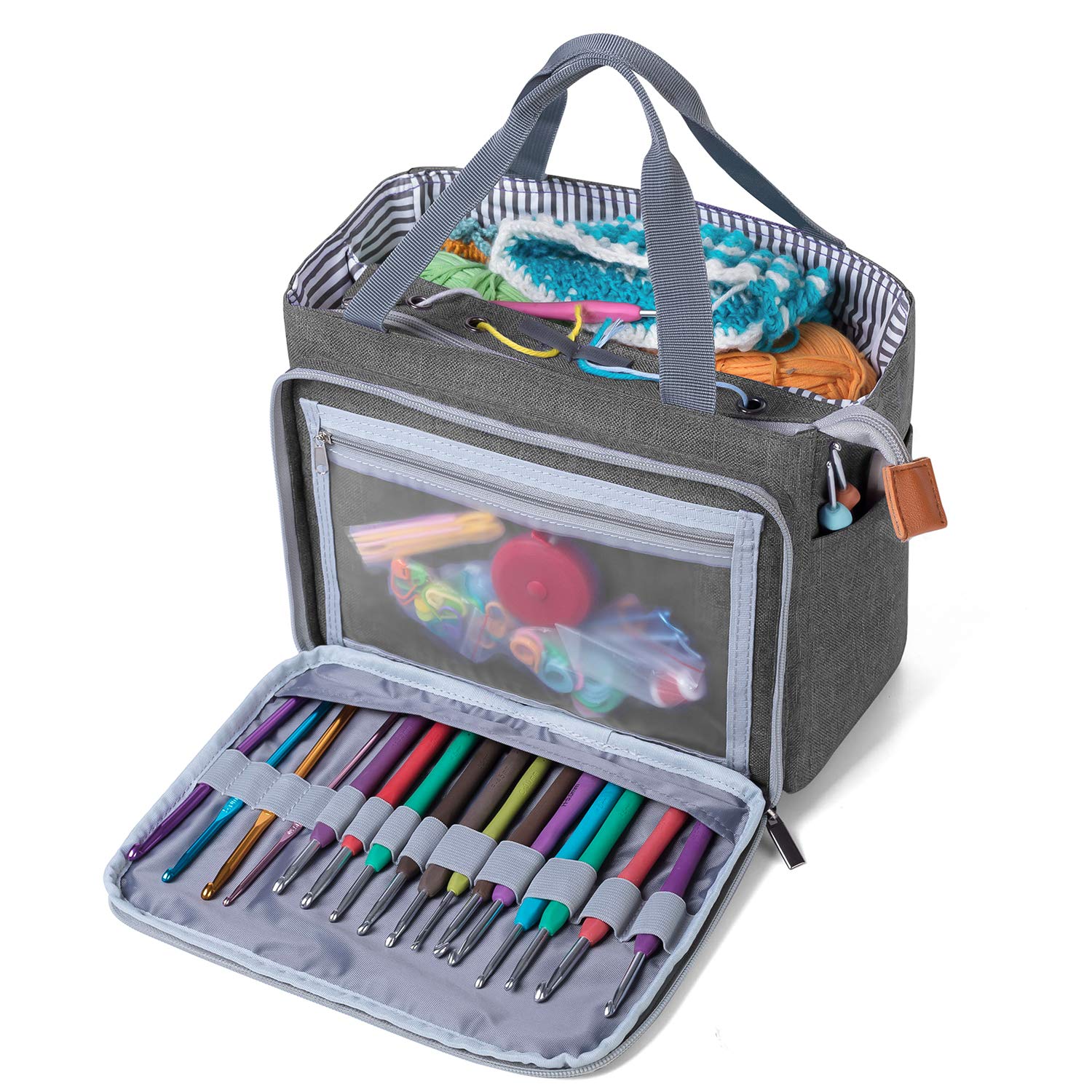 Luxja Crochet Tote Bag, Portable Yarn Storage Bag, Knitting Bags for Carrying Projects, Knitting Needles and Crochet Accessories, Grey (Accessories Not Included)
