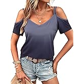 LilyCoco Womens Cold Should Tops Summer Ombre Sexy V Neck Short Sleeve T Shirt