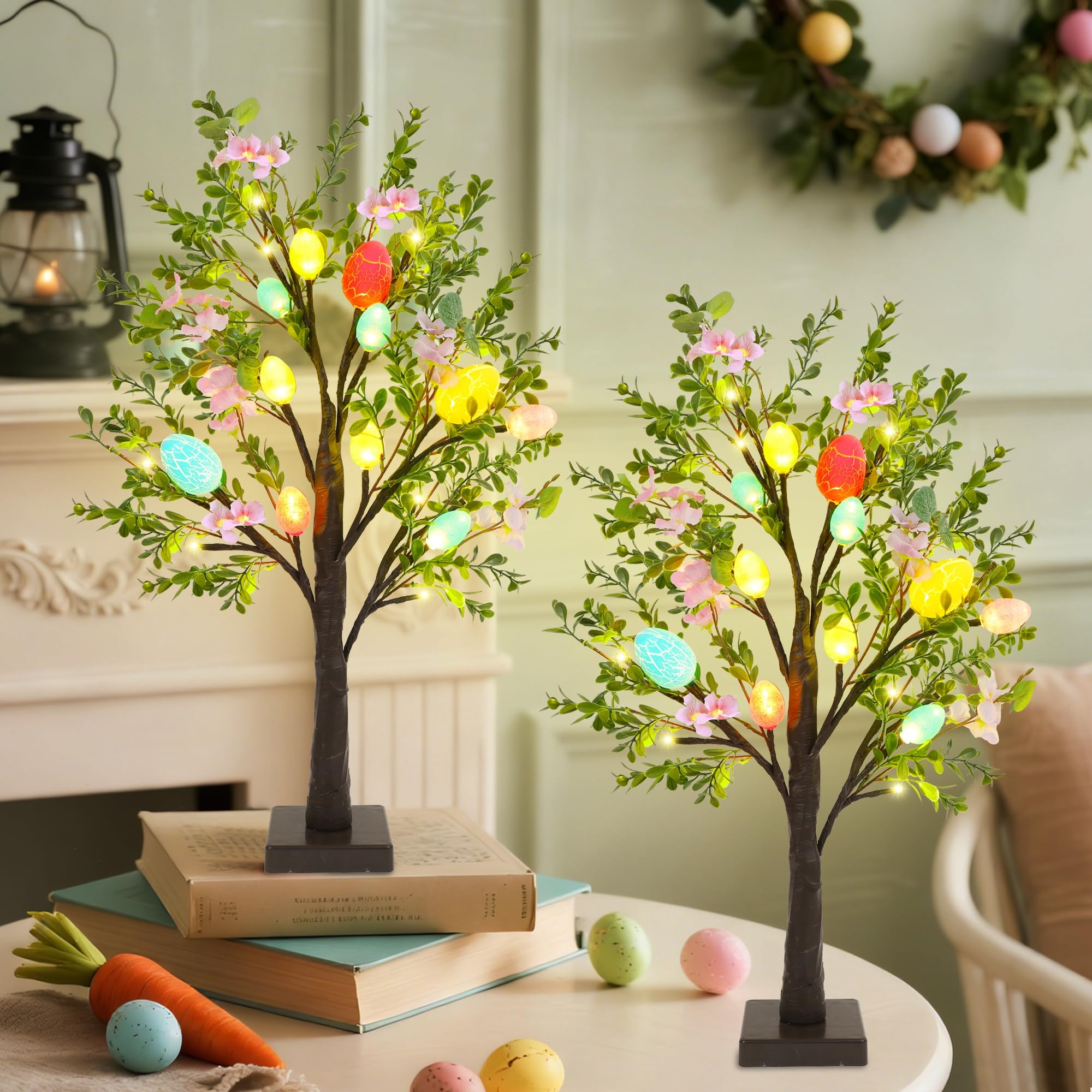 Photo 1 of DR.DUDU Easter Decoration Set of 2 Lighted 24 Inch Artificial Tree with Easter Eggs & Colorful LED Lights, Light Up Tabletop Bonsai Tree for Table Home Holiday Spring Decor