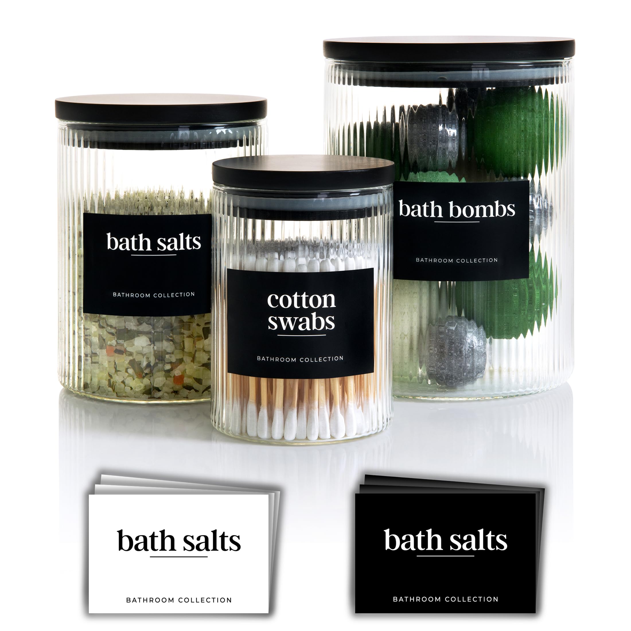 Photo 1 of **INCOMPLETE** Mason & Fable 2x Ribbed Glass Bathroom Jars with Airtight Black Bamboo Lids | Cotton Pad/Buds/Q tip Holder | Bath Salt/Small Makeup/Apothecary Storage Canister- 10 & 20 fl.oz