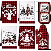 Leinuosen 8 Pcs Christmas Kitchen Decoration Set Christmas Tree Kitchen Towels Oven Mitts and Pot Holders Red Black Buffalo Plaid Dish Towels Oven Mitts Accessories for Baking Cooking(Red,Elk)