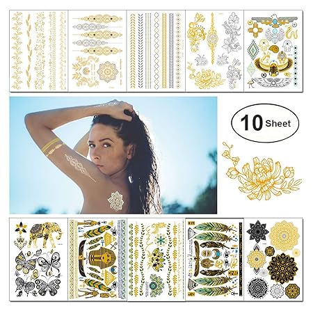 Temporäre Tattoos Metallic Gold Flash Fake Tattoo Aufkleber Wasserdicht Halskette Gesicht Arm Körper Tattoo Für Frauen Mann K