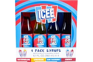 FIZZ CREATIONS ICEE 4 Pack Slushie Syrups. Genuine ICEE Shaved Ice Snow Cone Syrup including Watermelon, Lemonade, Blue Raspberry & Cherry Flavors. 4 x 6.1floz. Perfect For Snow Cones, Slushies, Sodas & Ice Pops.