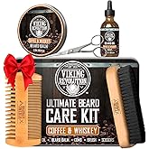 Viking Revolution - Ultimate Beard Kit Coffee and Whiskey - Beard Grooming Kit for Men with Beard Brush, Beard Comb, Beard Balm, Beard Oil, Beard and Moustache Scissors - Husband Gifts for Men