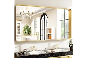 Easly 48 x 30 Inch Gold Bathroom Mirror, Rectangular Wall Mounted Shatterproof Mirror, Aluminum Alloy Frame with Rounded Corners, Horizontal or Vertical for Farmhouse Decor