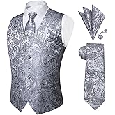 DiBanGu Mens Paisley Suit Waistcoat Silk Dress Vest and Necktie Pocket Square Cufflinks for Wedding Party