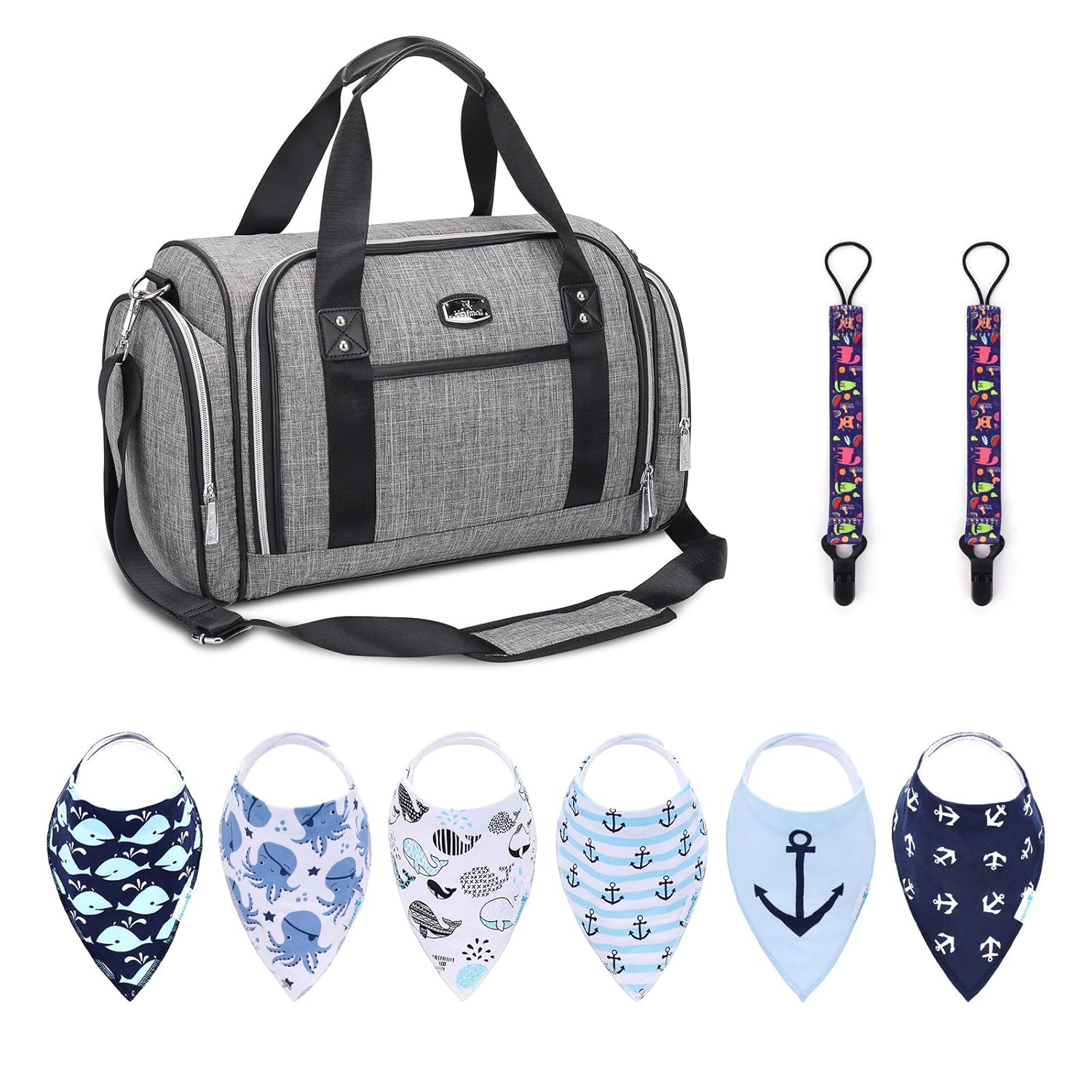 Hafmall Baby Diaper Tote, 6 Pack Baby Bandana Drool Bibs with 2 Pacifier Clips