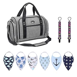 Hafmall Baby Diaper Tote, 6 Pack Baby Bandana Drool Bibs with 2 Pacifier Clips