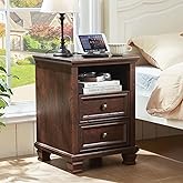 SAVOR LIFE Farmhouse Nightstand with Charging Station, Rustic Brown Nightstand, 2 Drawers End Table, Bedside Table with Open 