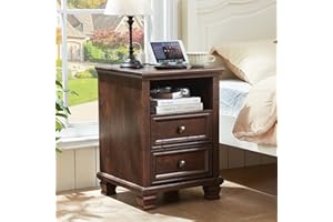 SAVOR LIFE Farmhouse Nightstand with Charging Station, Rustic Brown Nightstand,2 Drawers End Table for Living Room,Bedside Table with Open Shelf for Bed Room,Walnut