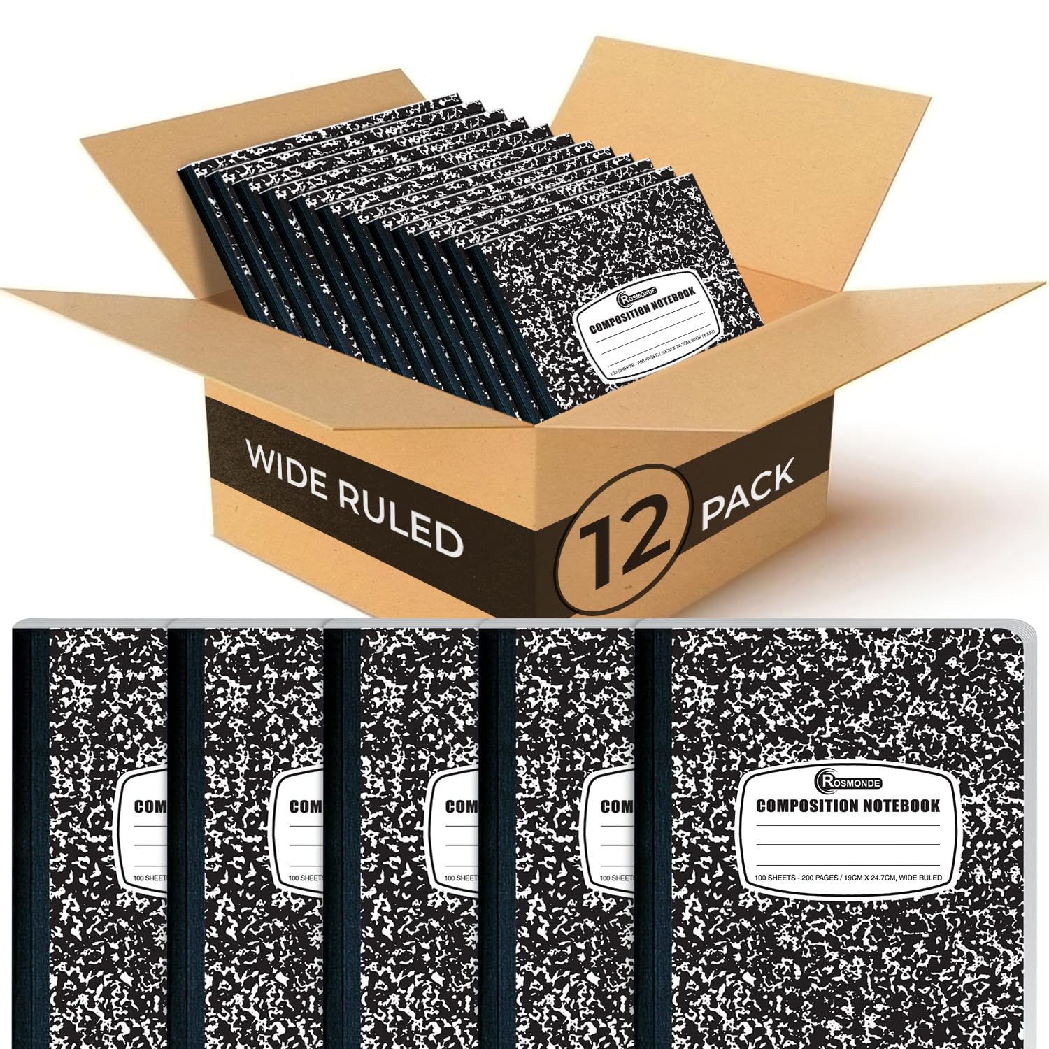 Photo 1 of Rosmonde 12 Pack Composition Notebook Wide Ruled Bulk, 200 Pages (100 Sheets), 9-3/4 x 7-1/2", Hard Cover Wide Ruled Notebook Bulk, Black Marble Composition Notebook Wide Ruled, Bulk Office Notebooks