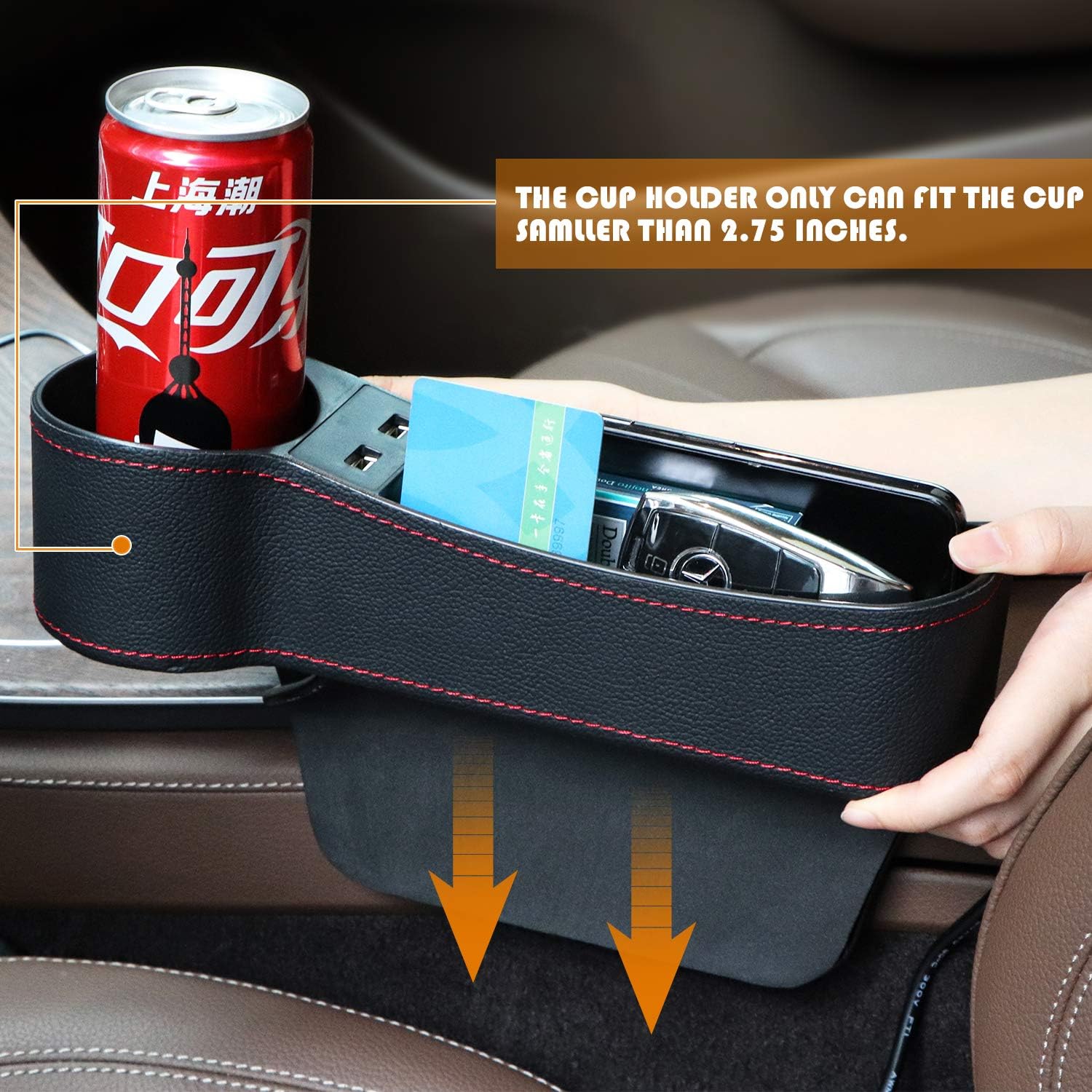 JESTOP Car Seat Gap Filler, 2 Packs Leather Car Front Seat Storage with Dual USB Charging, Auto Center Console Organizer for Cell Phone Wallet Coin Key (Black): Automotive