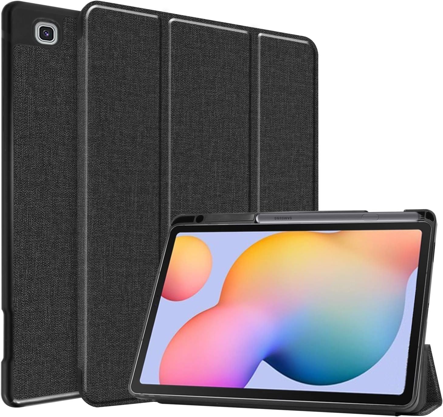 GWYLH Vegan Leather Case for Samsung Galaxy Tab S6 Lite, Slim Tri-Fold Case Magnetic Soft TPU Back Cover Stand for Samsung Galaxy Tab S6 Lite SM-P610 P615, Pencil Cover Auto Wake/Sleep Black