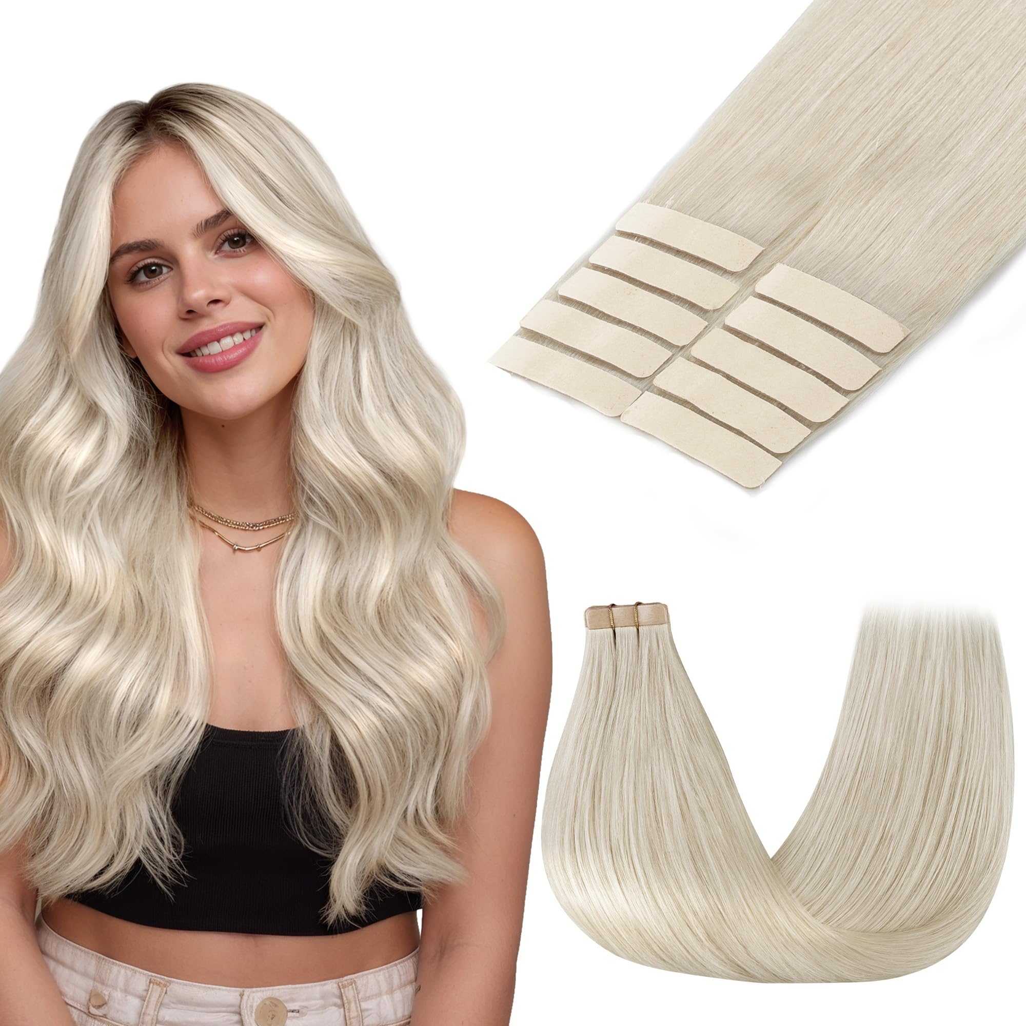 GOO GOO Tape in Hair Extensions human hair, tape Hair Extensions, 24inch 100g 40pcs, Human Hair Extensions, 60A Platinum Blonde — image 1