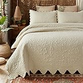 Brandream Queen Size Quilt Set Cotton Beige Quilts Luxury Farmhouse Bedding Set Matelasse Coverlet Scalloped Quilt Set 3-Piece