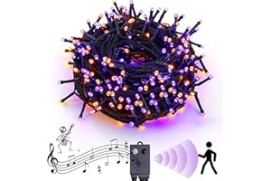 Rotu Halloween String Lights Outdoor with Music Sync Spooky Sounds 300 LED 114.8 ft Indoor Fairy String Lights Waterproof for Halloween Party Haunted House Decorations (Purple & Orange)