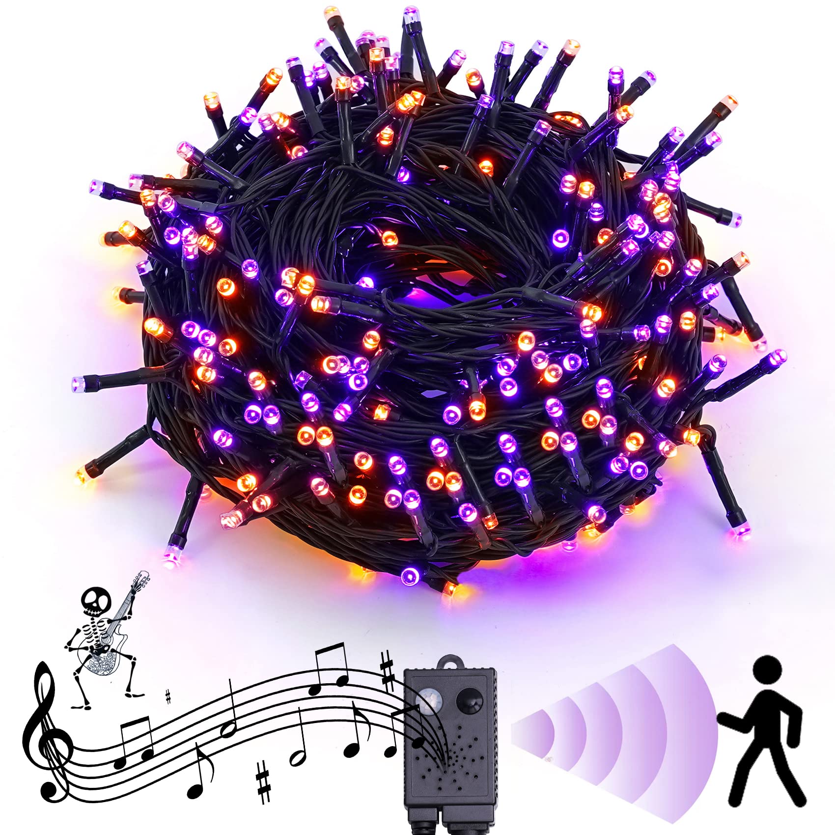 Photo 1 of Rotu Halloween String Lights Outdoor with Music Sync Spooky Sounds 300 LED 114.8ft Indoor Fairy String Lights Waterproof Function for Halloween Party Haunted House Decorations (Purple & Orange)