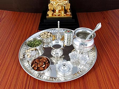 GoldGiftIdeas 12 Inch Premium Plus Silver Plated Pooja Thali Set, Occasional Gift, Pooja Thali Decorative, Diwali Pooja Thali Set