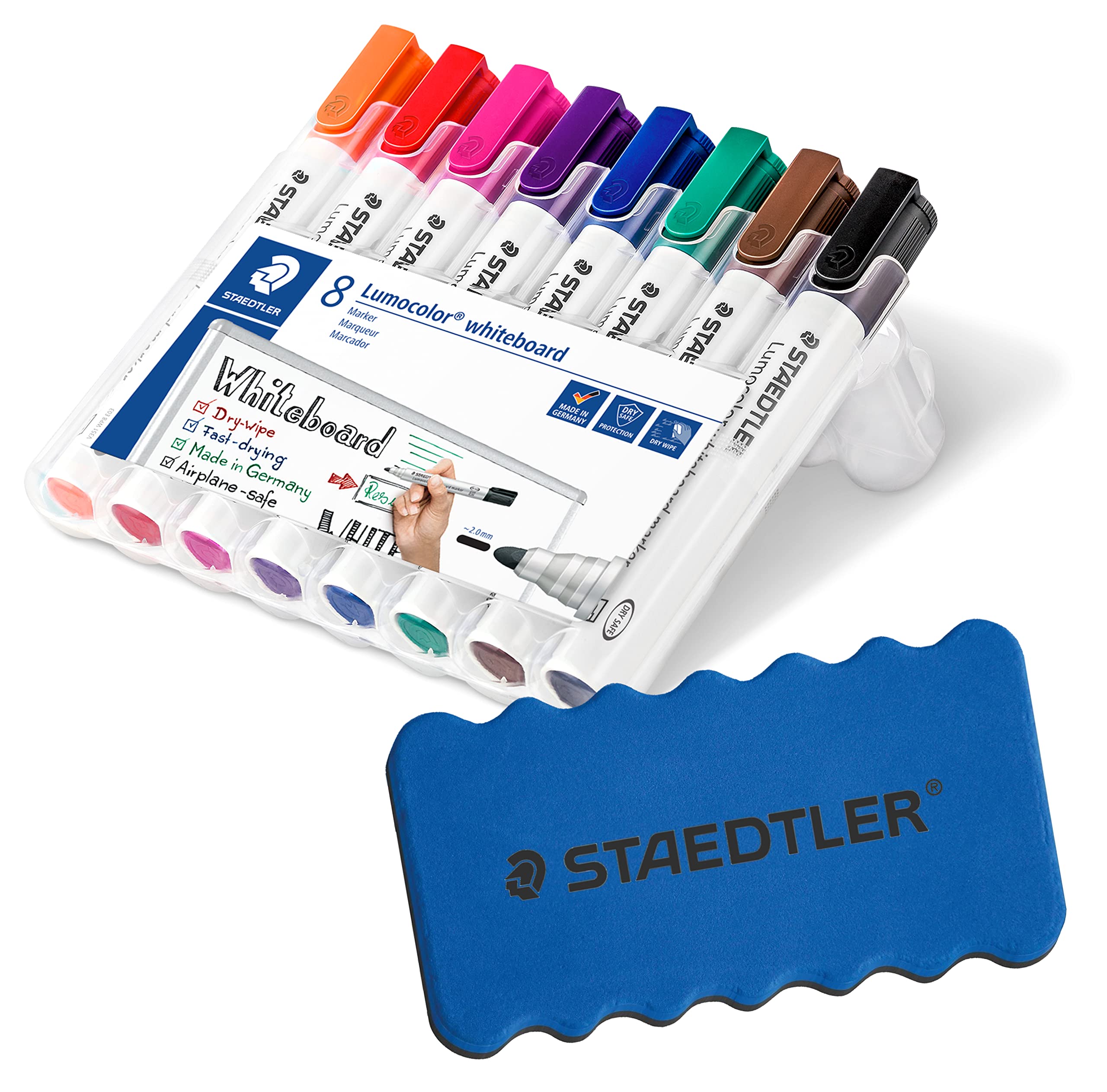 STAEDTLER Lumocolor 351 WP8 Whiteboard Marker Bullet Tip 2mm Stand Up Box with 8 Colours + Original Eraser
