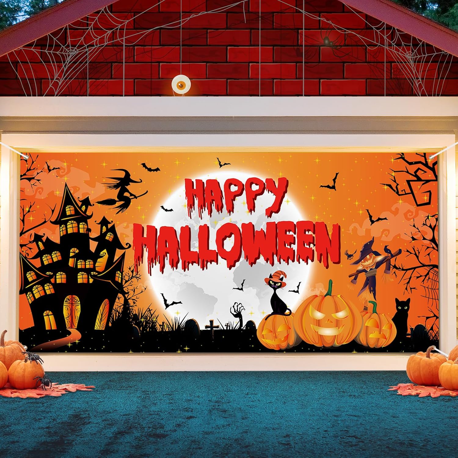 Garage Door Decorations - Halloween Garage Door Decorations,Happy Halloween Garage Door Banner Cover 6x13 Ft Orange Black Extra Large Halloween Party Backdrop Pumpkin Witch Castle Decor Outdoor Holiday Background Sign Supplies