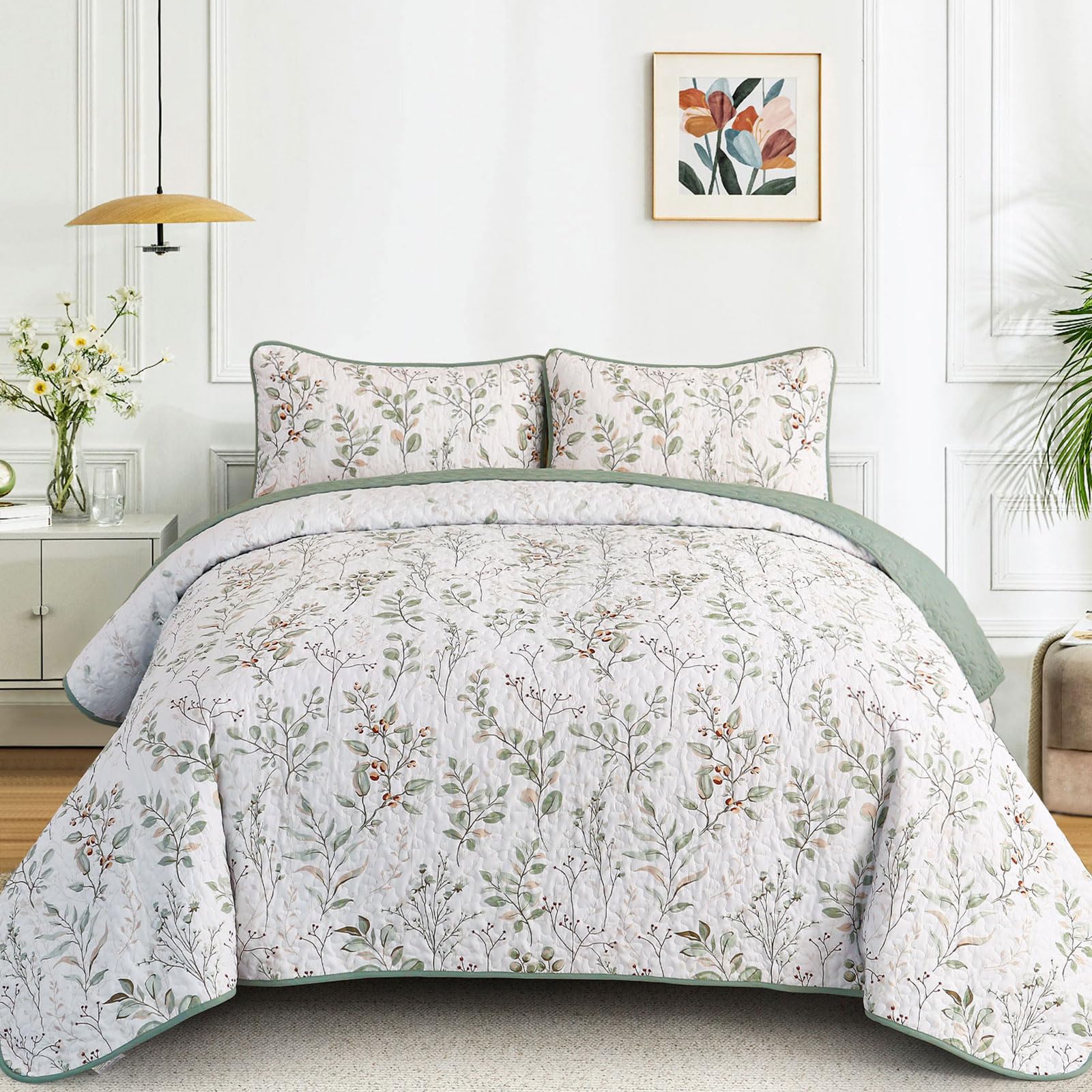 Photo 1 of (ONLY 1 PIECE) Anibedding King Size Quilt Sets Green Floral Pattern Quilt Bedding Set, 3 Pieces Botanical Quilt Soft Microfiber Bed Coverlet for All Season(104" x 90")
