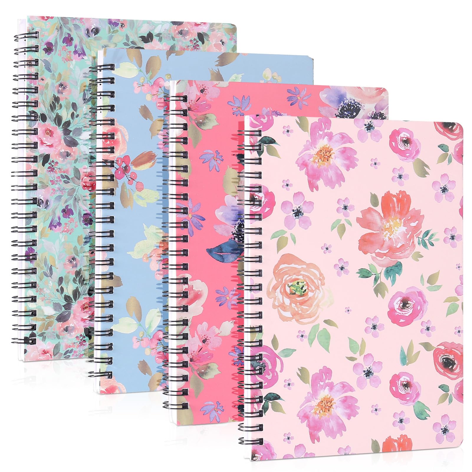 Zuimei A5 Spiral Notebooks Bound 4 Pack Hardcover Notebook 160 Pages Hardback Ruled Lined Journal Cute Notepad, Waterproof Notebook for Girls Student Office School Supplies(Pink Flower)