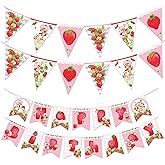 Treasures Gifted Officially Licensed Strawberry Shortcake Banner Set of 3 - (1) Birthday Banner & (2) Triangle Pennants - World of Strawberry Shortcake Party Decorations Supplies Accessories