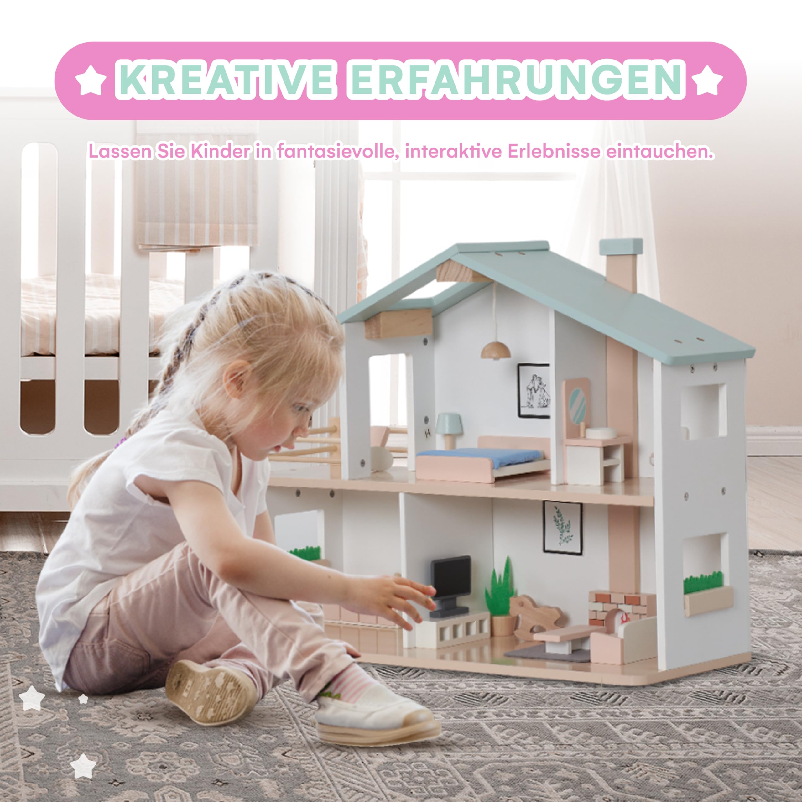 Jewelkeeper Puppenhaus Holz - Mehrfarbig - Spielpuppenhaus für Kinder ab 3+ - 20 Teile - Aus Holz und Stoff - Großartig für die Augen-Hand-Koordination 4