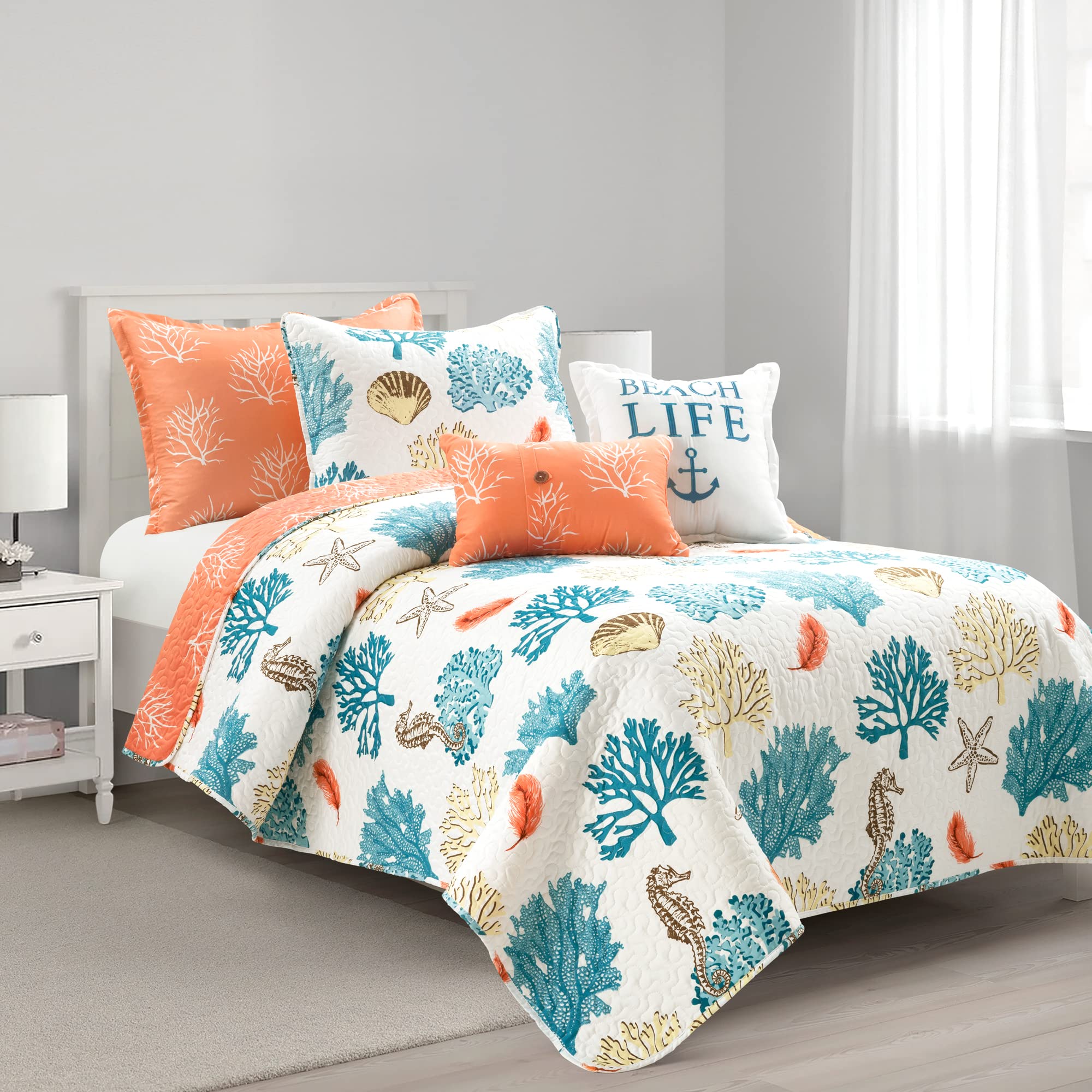 Lush Decor Coastal Reef Feather Reversible Quilt Set, 5 Piece Set, Twin/ Twin XL, Blue & Coral - Twin XL Bedding Set - Coastal Dorm Decor - Beach House Image
