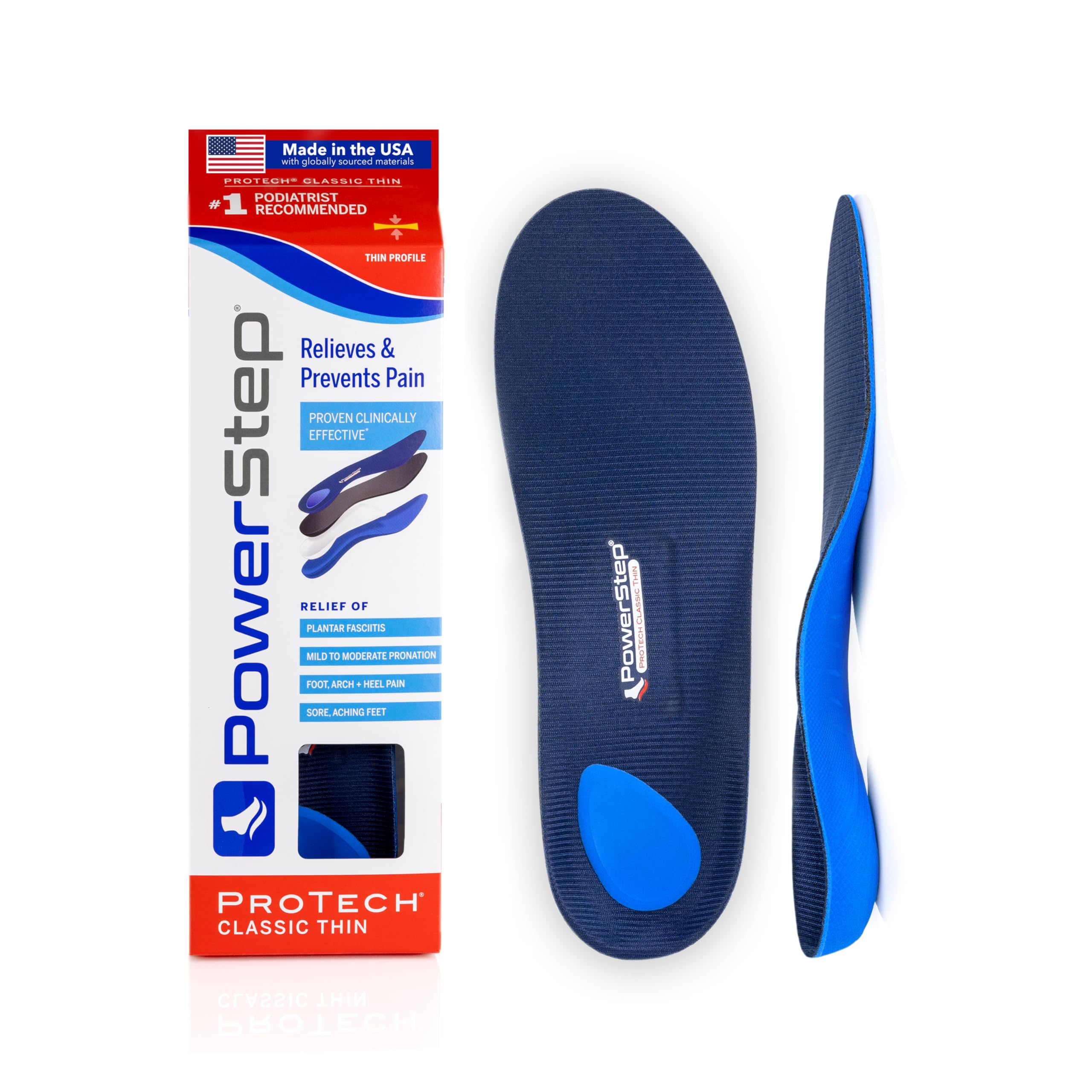PowerStep ProTech Classic Orthotic Insoles - Medical Grade Arch Support Inserts for Plantar Fasciitis Relief- Made in USA - Maximum Cushioning + ShockAbsorb Orthotics (M 6-6.5 W 8-8.5)