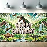 Starlit Patio Dinosaur Happy Birthday Banner Backdrop Jurassic Jungle Party Decorations Realistic T-Rex Waterfalls Prehistoric Scene Props Decorations Photography Background 70.8 x 43.3 Inch
