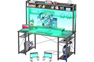 iSunirm 48 Gaming Desk with Hutch, Large Computer Desk with LED and Charging Station, Home Office Desk with Pegboard, Power Outlet, Storage and Monitor Stand, 48'' Gamer Desk PC Table, Grey