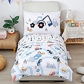PERFEMET Car Toddler Bedding Kids 4 Pieces Bed in A Bag for Boys Vehicles Truck Toddler Girl Comforter Sets with Bed Sheets Modern Bedroom Collection, White