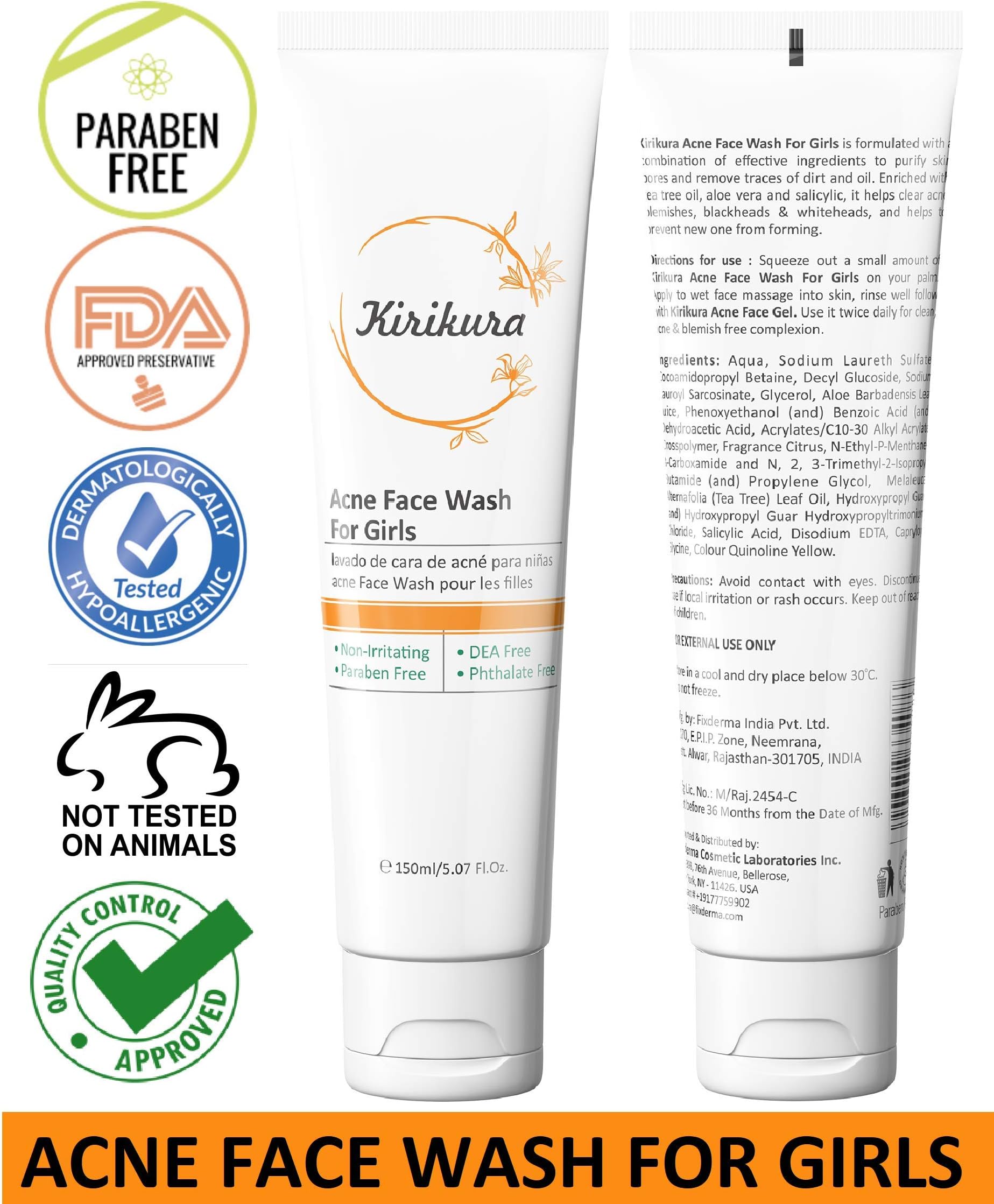 KIRIKURA ACNE Face Wash for Girls, Daily face cleanser, Anti Acne cleanser, clean and clear face wash for Girls.