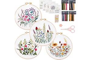 Dremisland 4 Sets Embroidery kit for Beginners Adults Stamped Cross Stitch Kits with Cute Flowers and Plants Patterns DIY Emb