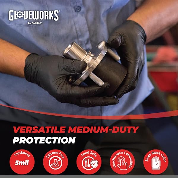 GLOVEWORKS BLACK NITRILE GLOVES 5 MIL DISPOSABLE FOR FOOD SERVICE, COOKING, PROFESSIONAL CLEANING, SIZE MEDIUM, BOX OF 100