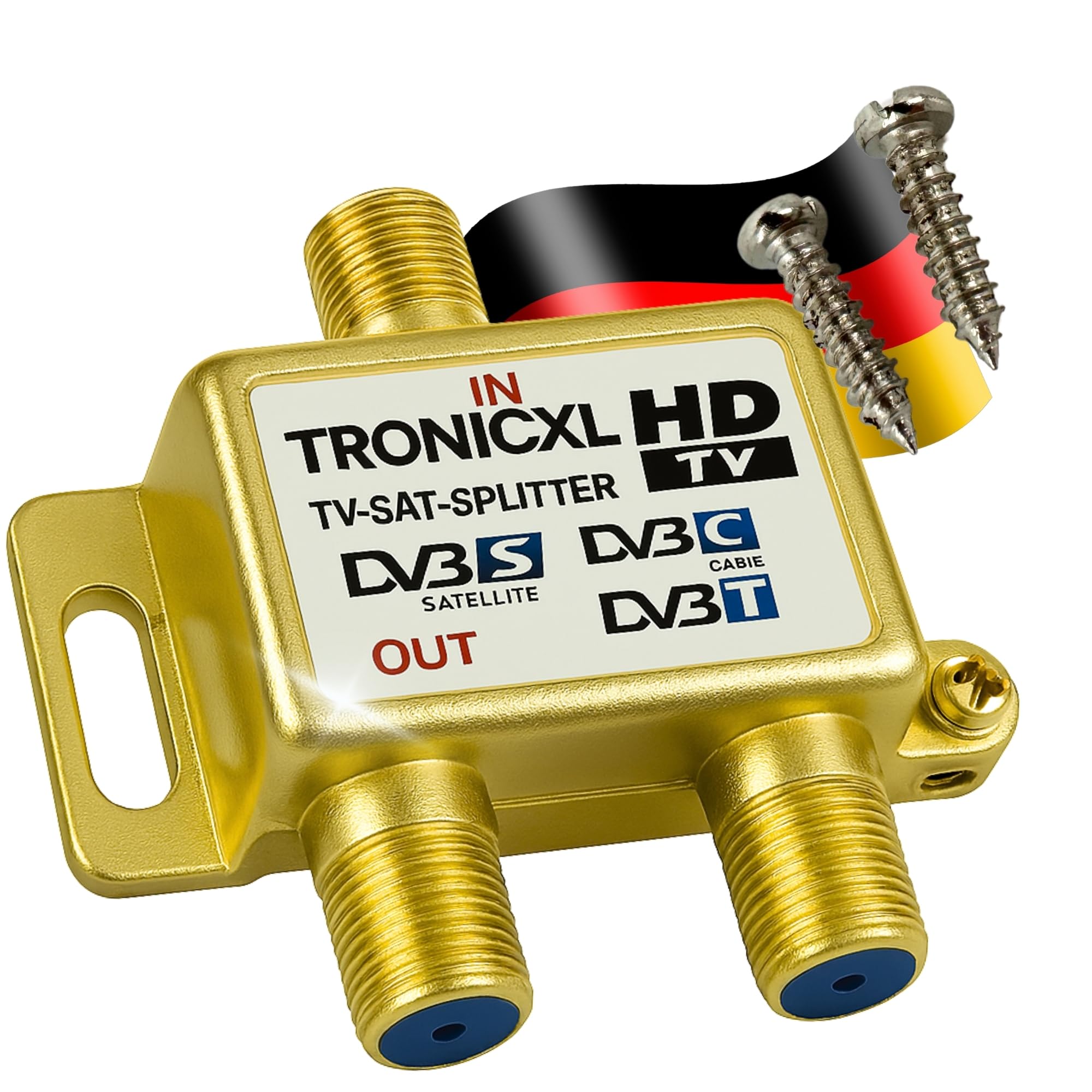 TronicXL 2 way 3D 4K HD UHD SAT Splitter DVBC Antenna Distributor Soft F Socket e.g. for Cable Unitymedia Adaptor For Virgin Media Aerial Freeview Freesat & Sky Satellites Highend gold DC Pass