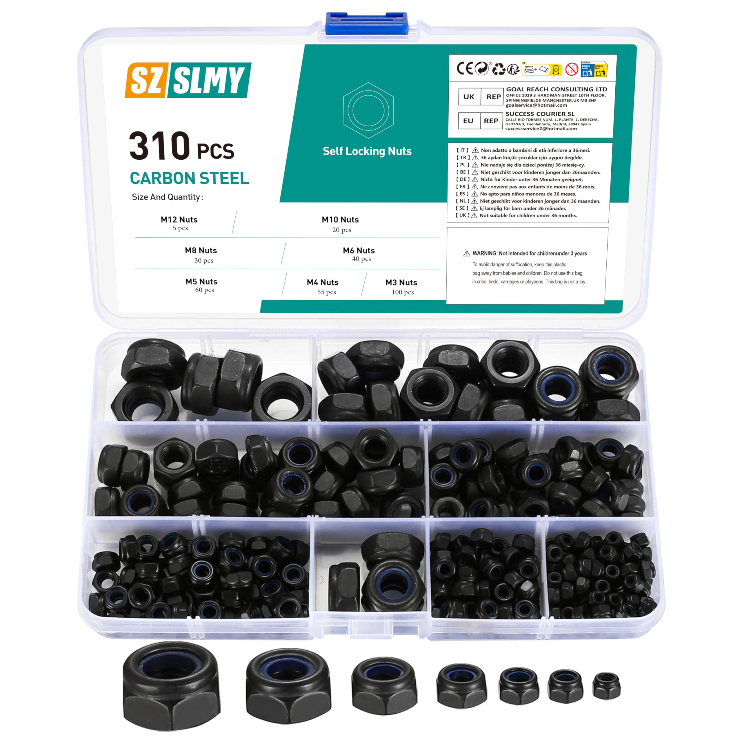 310 Pcs Nylock Nuts, Self Locking Nuts, Nylon Insert Lock Nut, Carbon Steel Black Hex Thread Hexagon Nut with Nylon Inserts for Bolts Screws Components, M3 M4 M5 M6 M8 M10 M12