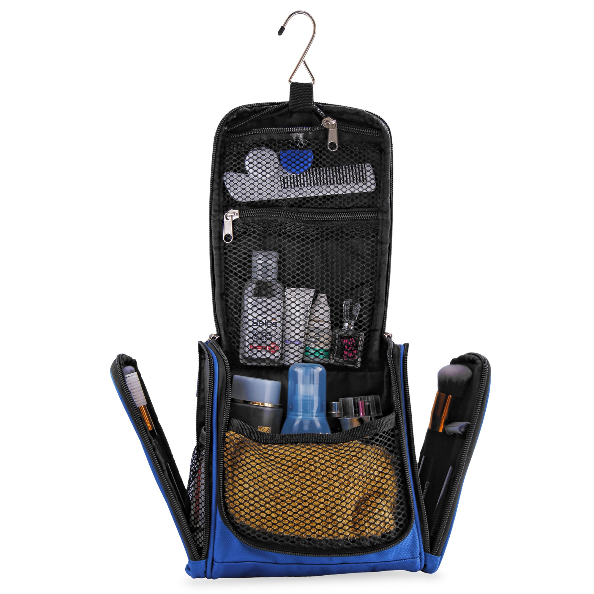 Petite trousse de toilette premium, ultra spacieuse | Kit de voyage compact avec crochet, pour hommes/femmes | Sac de toilette résistant à l'eau (bleu)