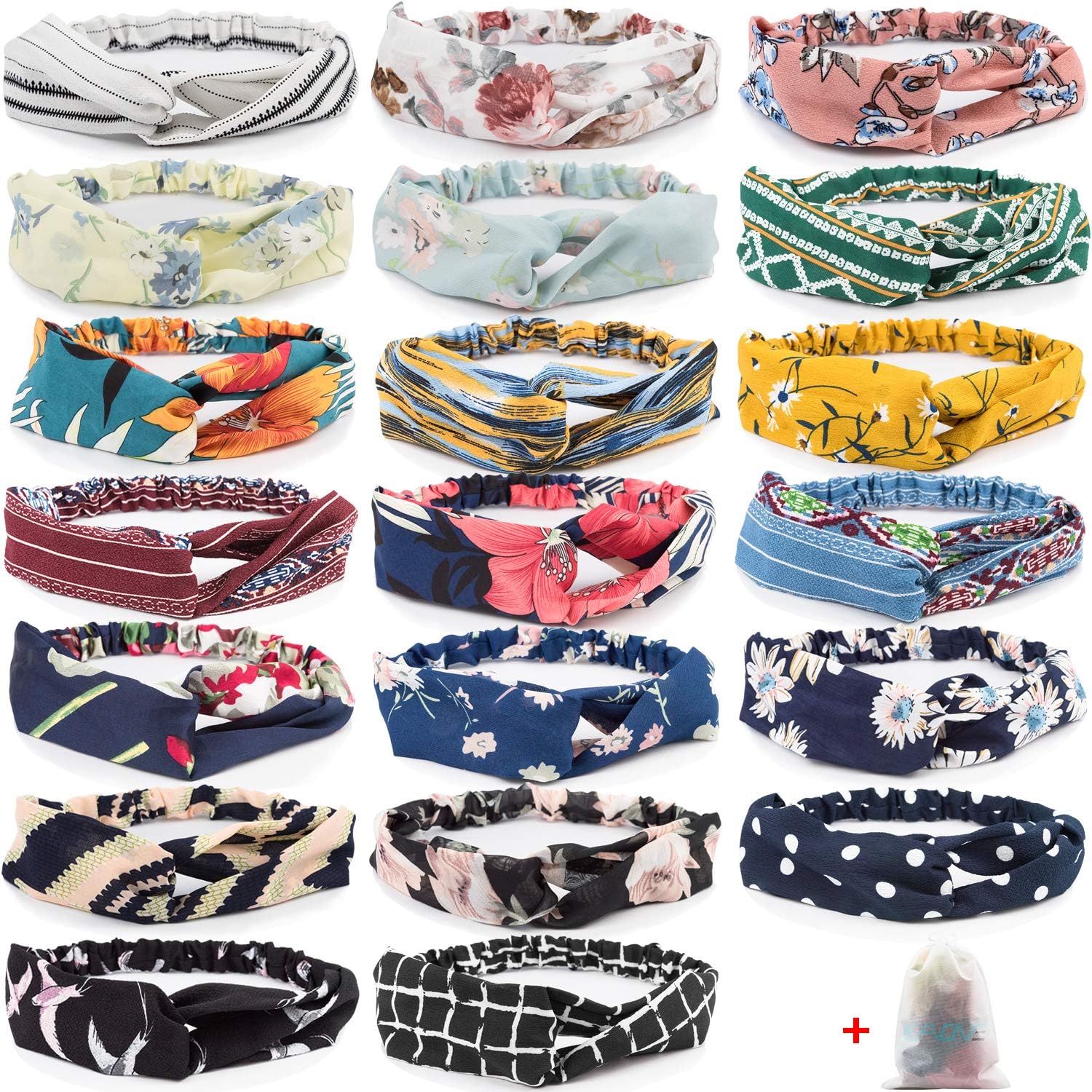 16 Pcs Boho Headbands for Women, EAONE Fashion Headbands Floral Bandeau Headbands Elastic Hair Bands Criss Cross Twisted Head Wrap with 1PC Pouch Bag - Pattern 3