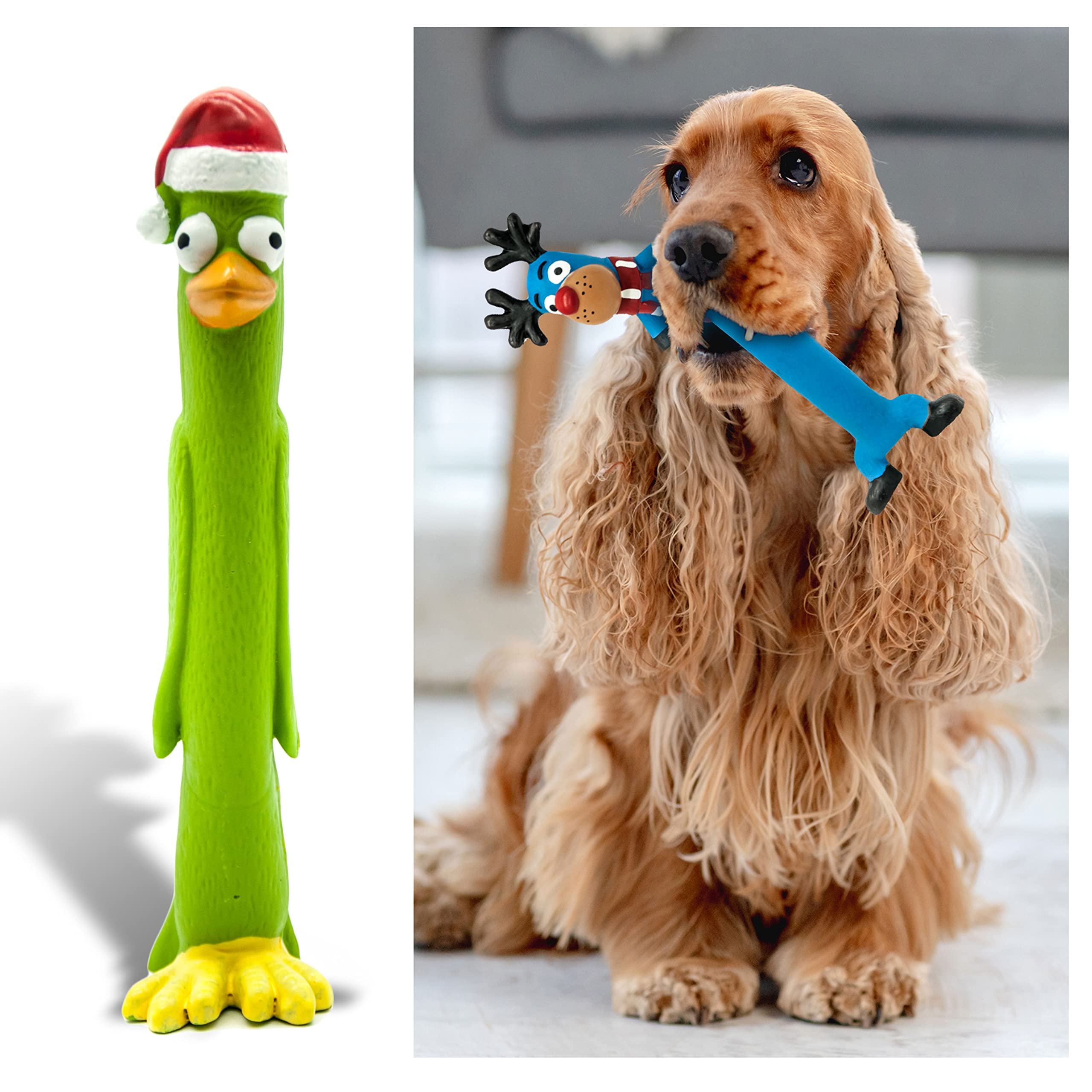 Petopedia 10 inches Long Squeaky Reindeer Rudolph Teething LATEX Puppy Toys - Fetch Interactive Dog Gifts for Boredom – Small & Medium Dogs Presents (Green, Penguin)