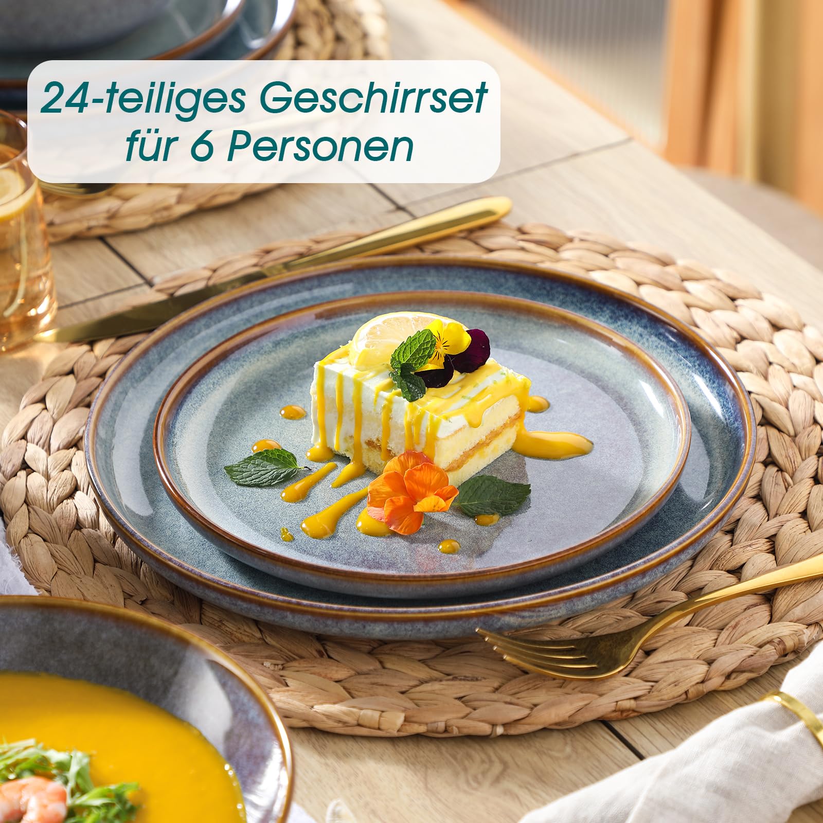 Geschirrset 6 Personen, vancasso PLAYA 24tlg Reaktive Glasur Steingut Tafelservice 6 Personen Modern, Beinhaltet Schüssel, Suppenteller, Dessertteller, Speiseteller, Spülmaschinenfest, Lavendelblau 6